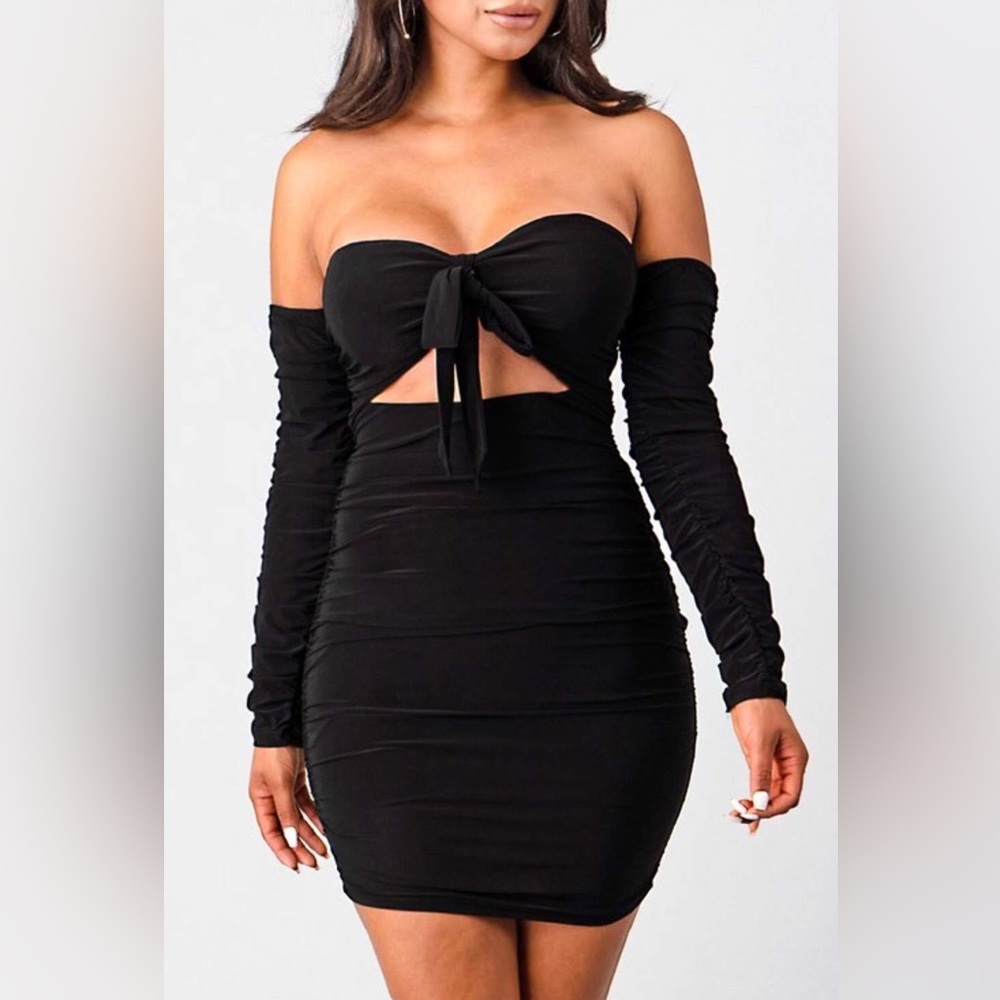 Black Off-Shoulder Cutout Tie-Front Bodycon Mini Dress